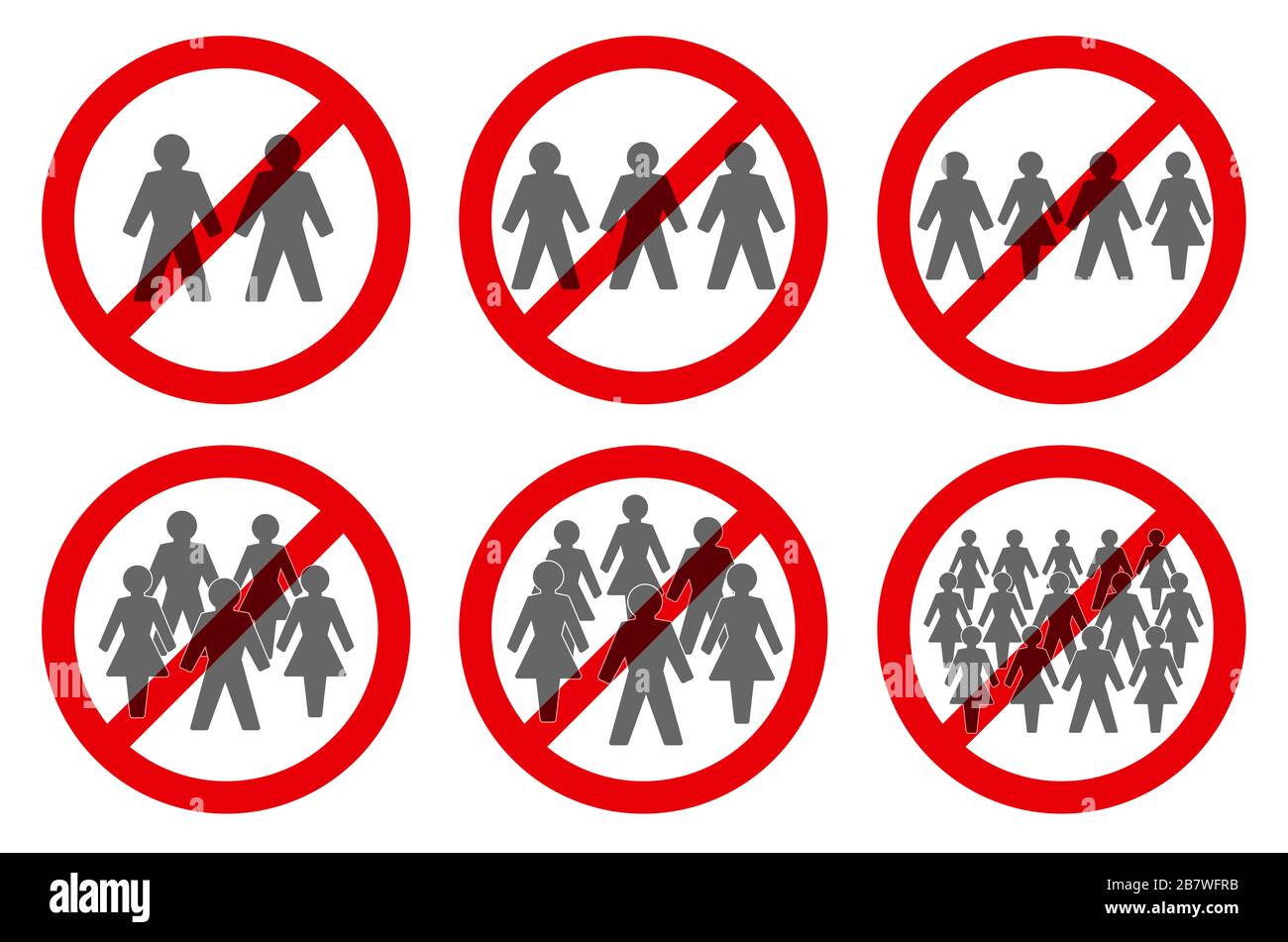 Verbot, Symbole zu sammeln. Montageverbot für zwei, drei, vier, fünf, sechs oder mehr Personen - Darstellung auf weißem Hintergrund. Stockfoto