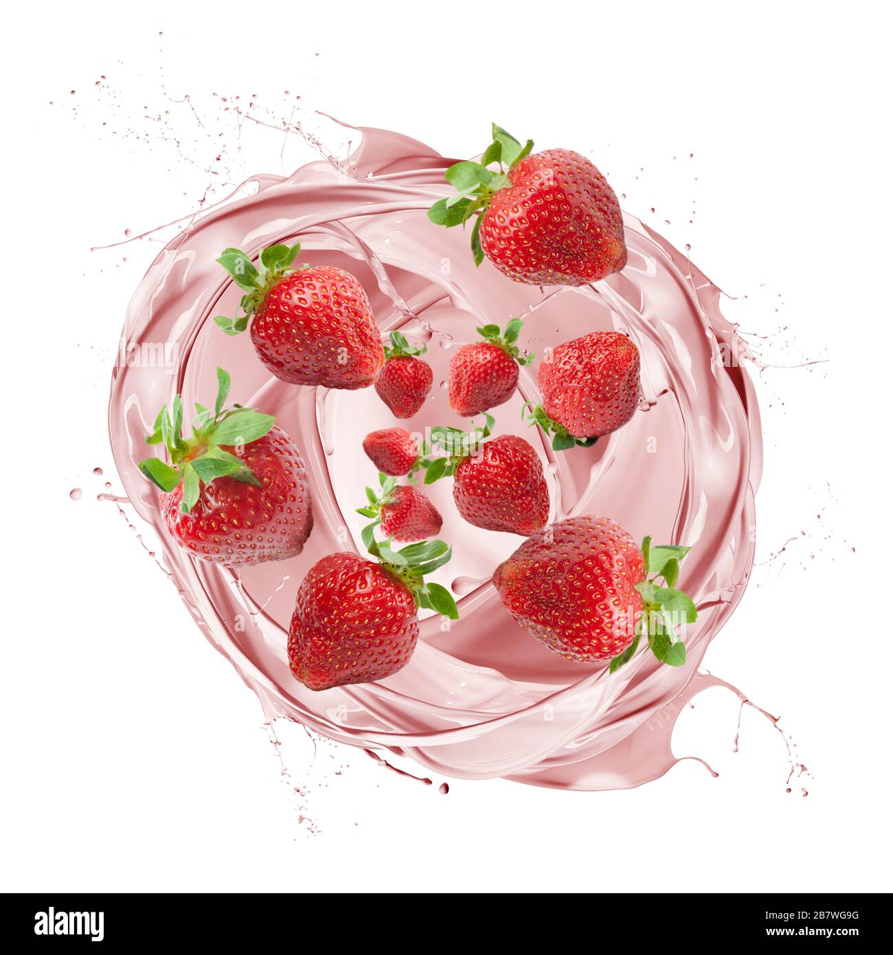 Erdbeer-Milchshake spritzt mit Früchten, auf weißem Hintergrund Stockfoto