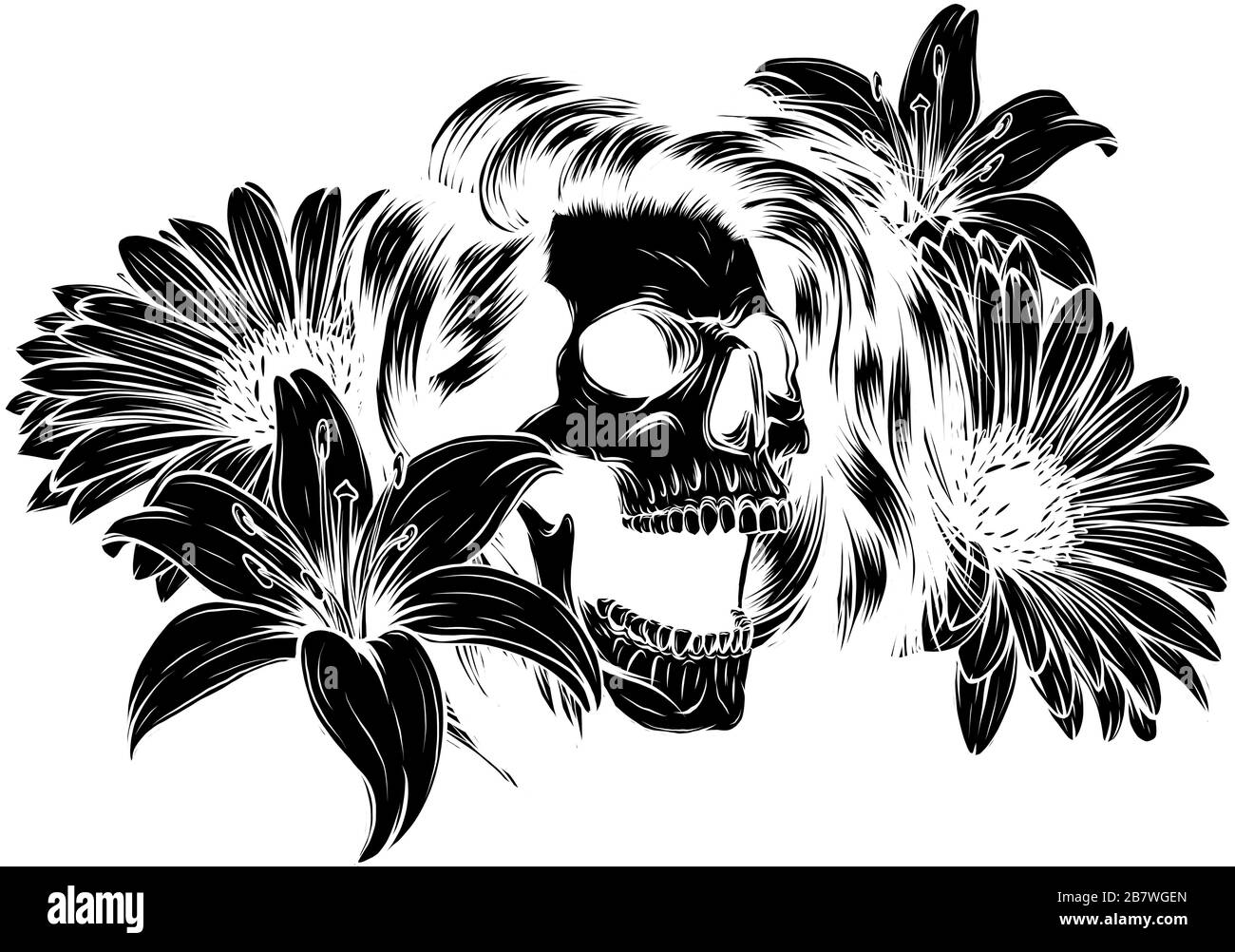 Menschlicher Schädel und Blumenkranz. Los Muertos. Vector Illustration. Stock Vektor