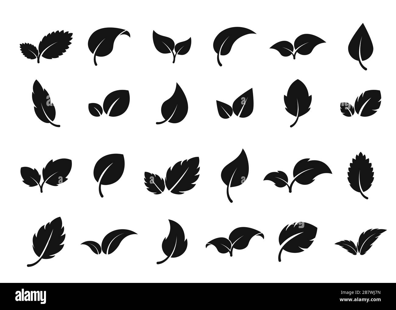 Hinterlässt das Logo. Lamellensymbol festgelegt. Abstraktes Label für pflanzliche Umweltfreundlichkeit. Bio-, Veganer- oder Apothekenkonzept. Einfaches, flaches Blattdesign. Dekorative Silhouette der Natur. Frisch Stock Vektor