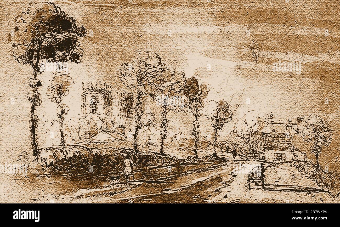 Ein Waschgemälde der Mautbar Beverley um das Jahr 1835. Beverley Minster ist links hinter den Bäumen zu sehen Stockfoto