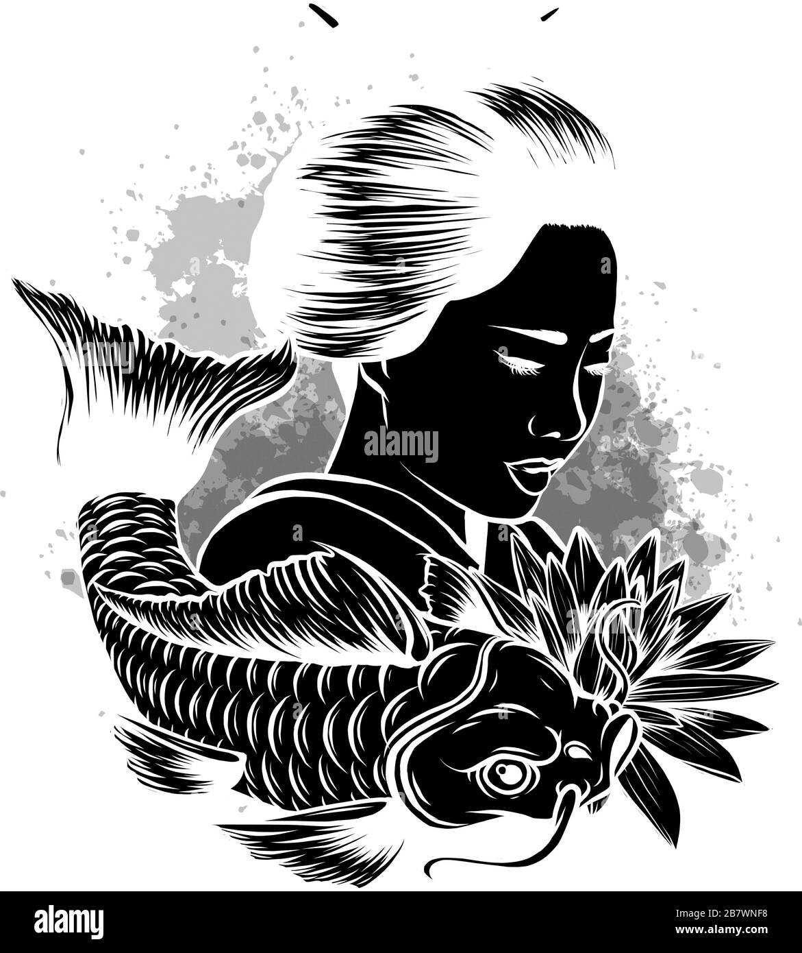 Schöne Geisha Frauen mit koi Karpfenfisch.Hand gezeichnet und doodle style.Japanese Stock Vektor