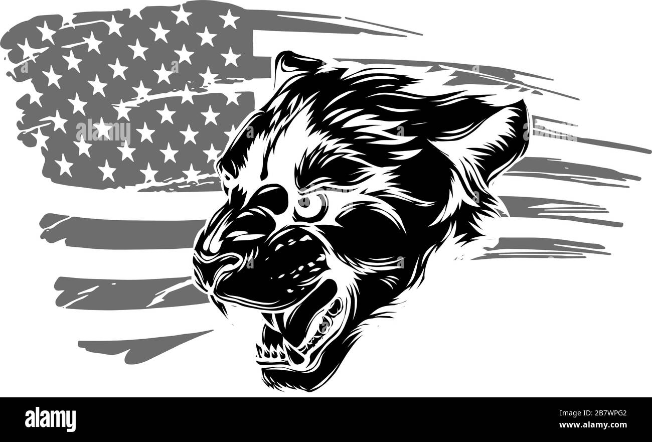 Stickerei-Tigerkopf und gerippte amerikanische Flagge. Cooler Slogan. Stock Vektor