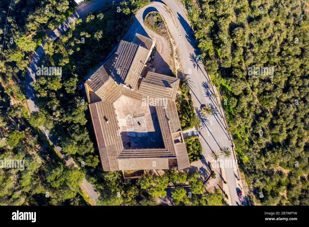 Luftaufnahmen, Puig de Monti-Sion, Porreres, Santuari de Monti-Sion, Heiligtum von Montesion, Mallorca, Balearen, Spanien Stockfoto