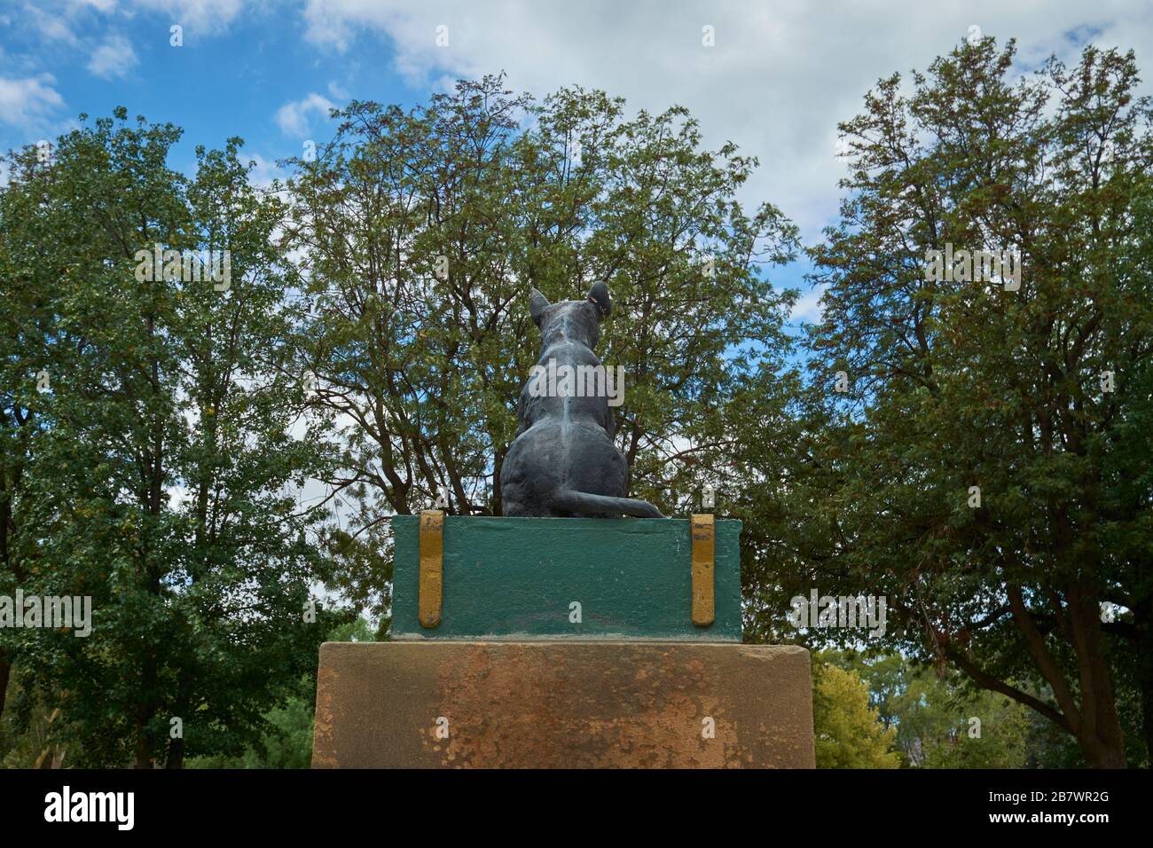 Die Rückansicht des berühmten Hundes auf einer Tucker Box Statue, Denkmal. In Gundagai, NSW, Australien. Stockfoto