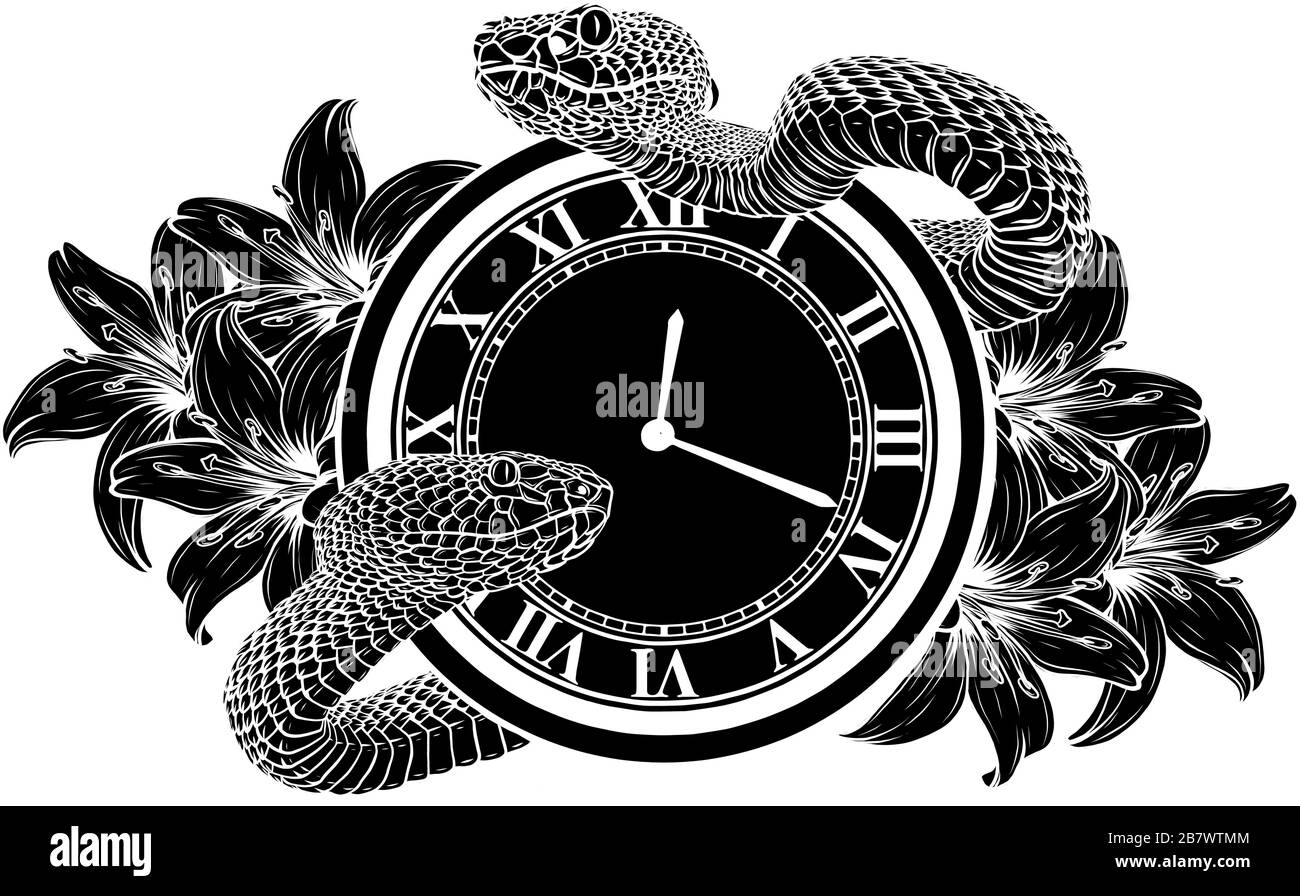Vector Pocket Watch und Flower Traditional Tattoo Stock Vektor