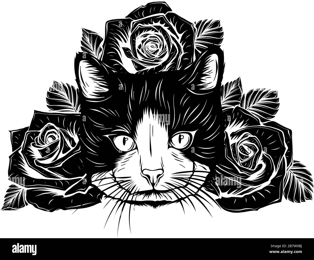 Cartoon flauschige Katze mit Rosen. Siamkatze mit offenen Augen und Blumen. Stock Vektor