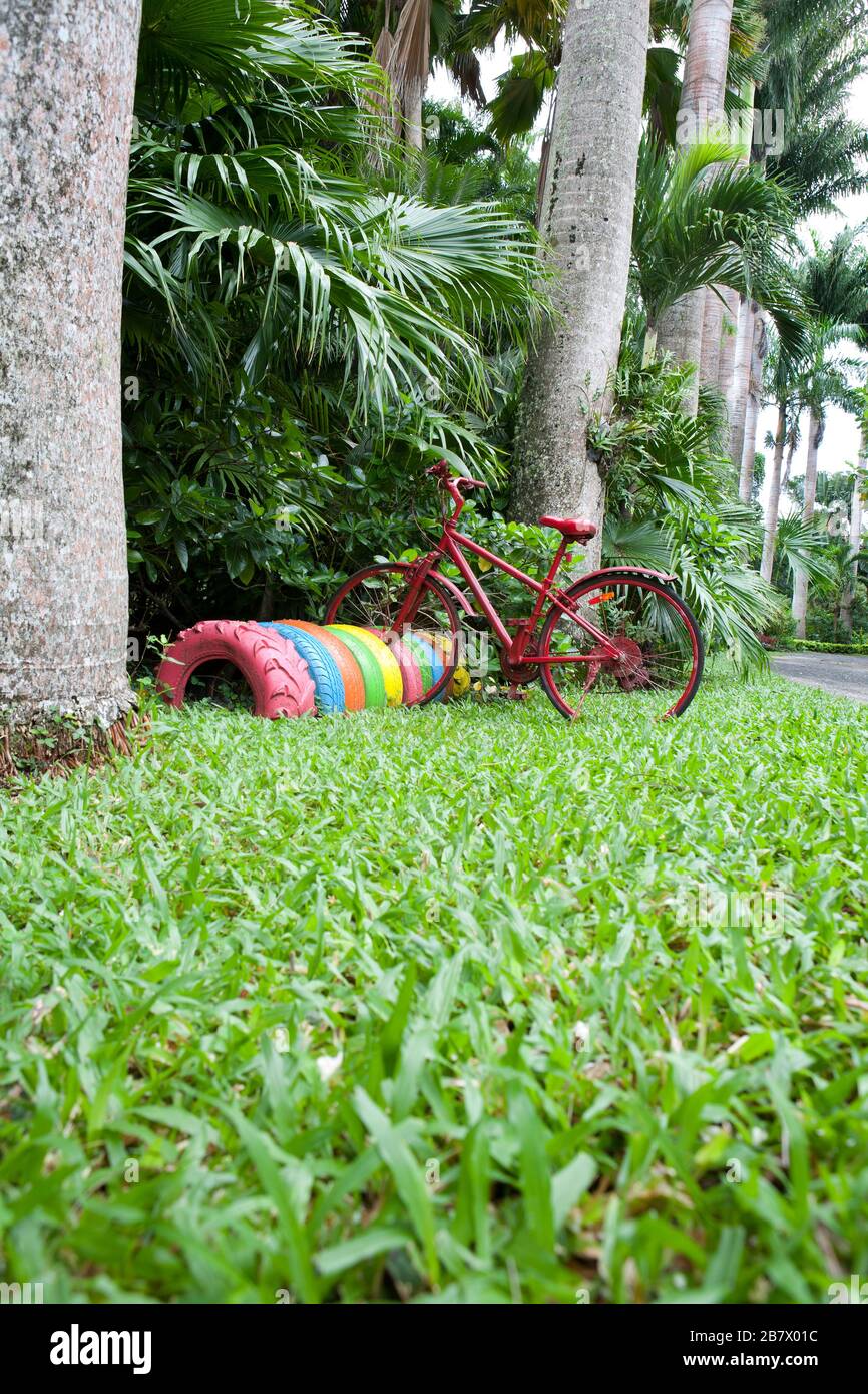 Rotes Fahrrad im tropischen Garten gegen mehrfarbige Reifen geparkt Stockfoto