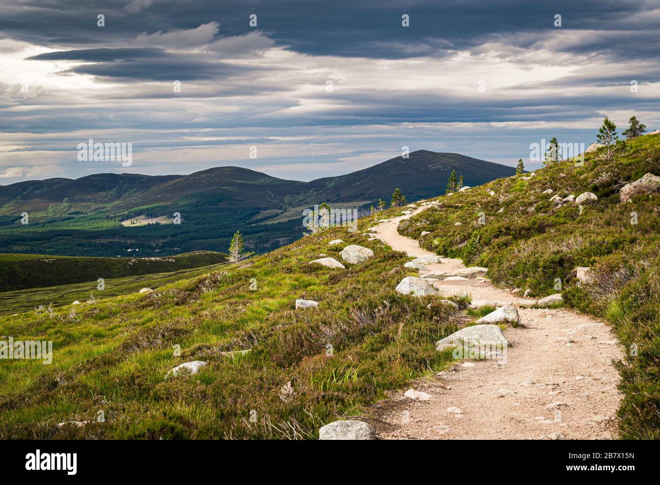 Wanderweg in der Nähe von Aviemore in den schottischen Highlands mit Cairngorms Gipfeln am Horizont. Malerische Sommerlandschaft. Stockfoto