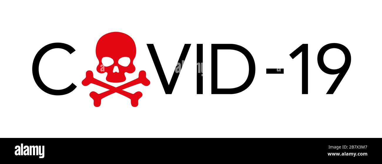 COVID-19 Coronavirus Webbanner Konzept auf weißem Hintergrund. Das Zeichen des Schädels mit sich schneidenden Knochen anstelle des Buchstabens O. COVID-19. Vektor Stock Vektor