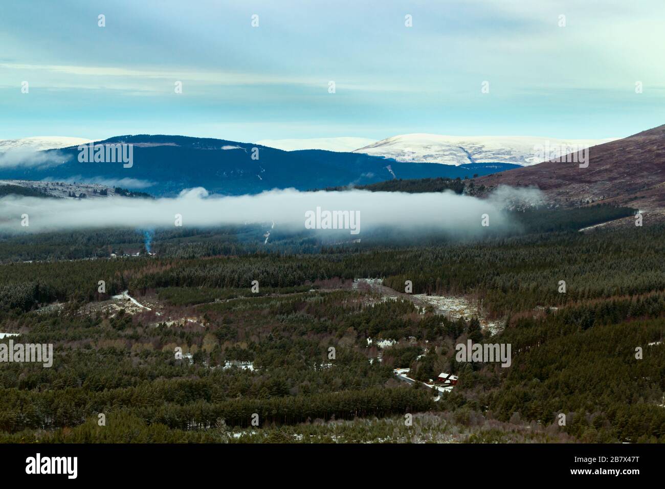 Blick auf die schneebedeckten Hänge von Craiggowrie mit Glenmore Forest Park im Vordergrund von den hängen des Cairn Gorm Stockfoto