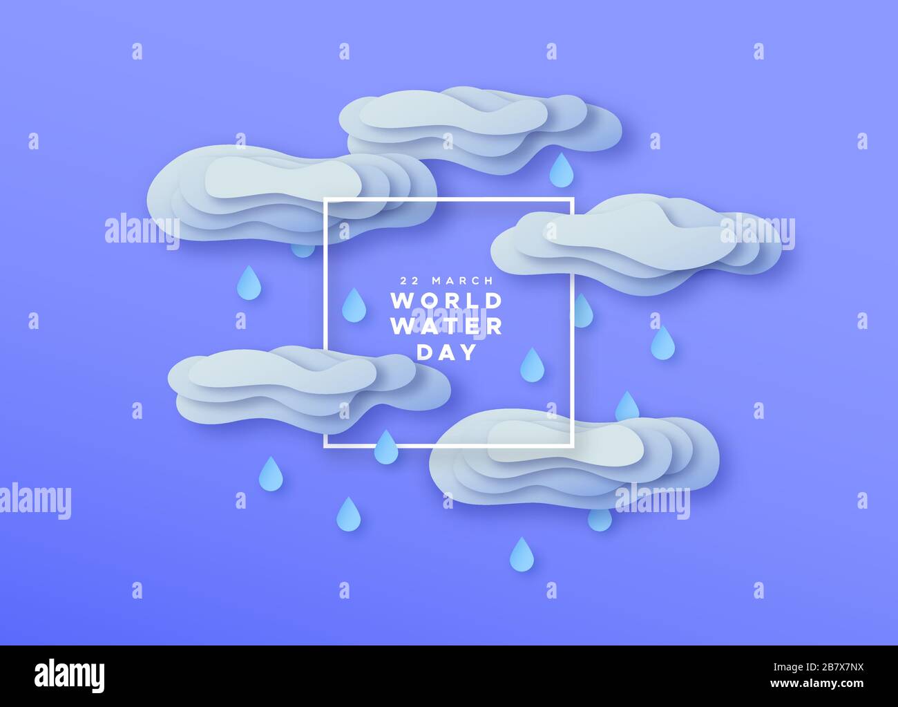 Weltwassertag Papier Schnitt Illustration von 3D-Regenwolken mit ausgeschnittenen Schichten für den Klimawandel oder das Regenkonzept. Umwelt hilft papercut Campa Stock Vektor