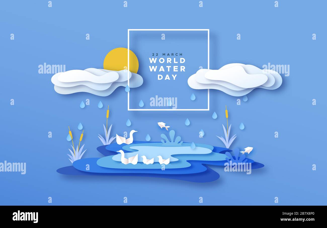 Weltwassertag Grußkarte Illustration der papiergeschnittenen Naturlandschaft mit See- und Regenwolken für sauberes Umwelt-Kampagnenkonzept. PaperCut cr Stock Vektor