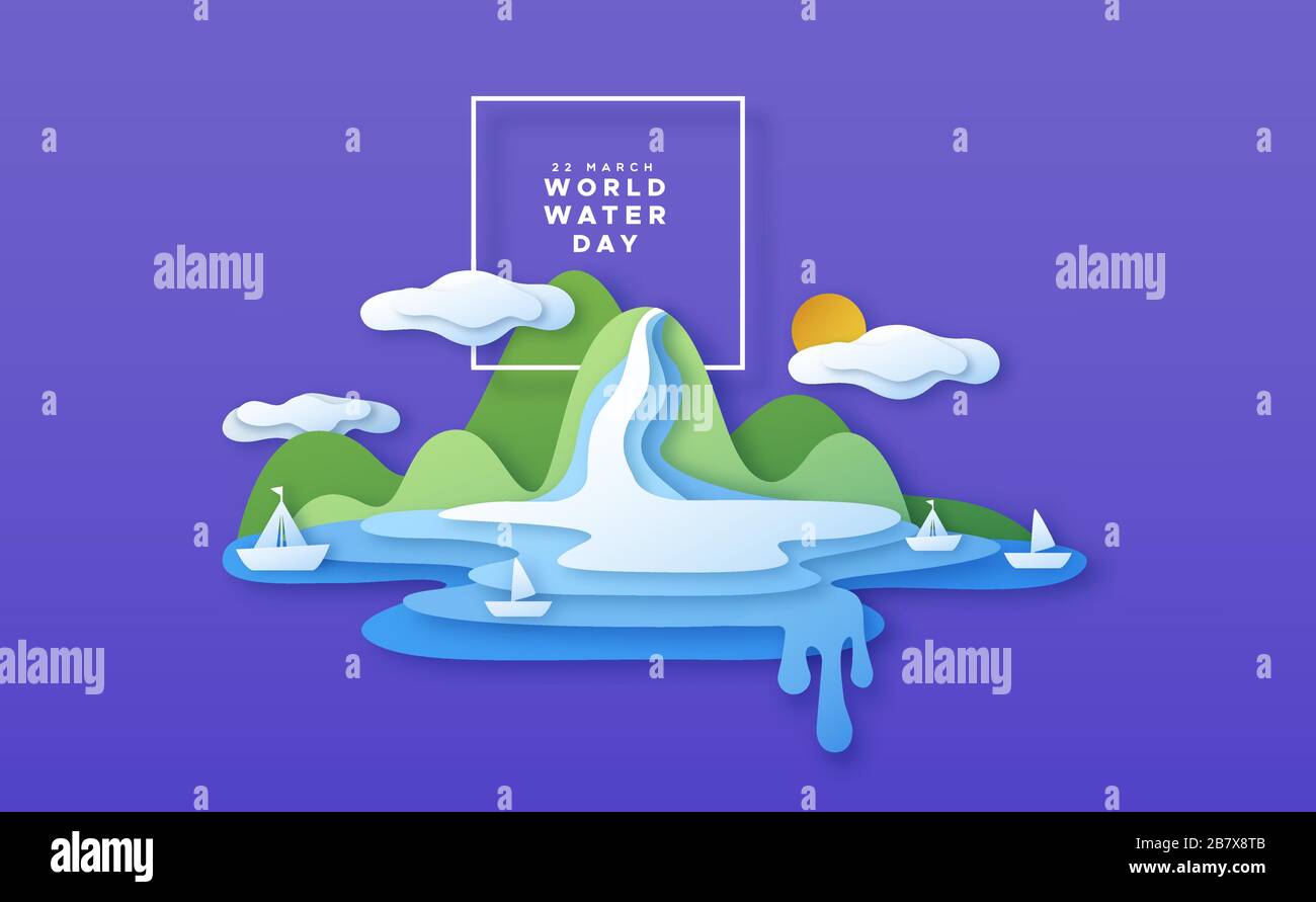 Weltwassertag Papier Schnitt Illustration der natürlichen Strandlandschaft mit Wolken und Bootsschiffen für sauberes Wasser Konzept. Kampagne zur Veranstaltung von Umweltschutzveranstaltungen Stock Vektor