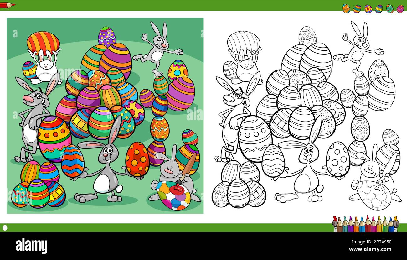Cartoon-Illustrationen zu den Weihnachtsfiguren der Osterbunnies mit farbigen Eiern, Buchseite Stock Vektor