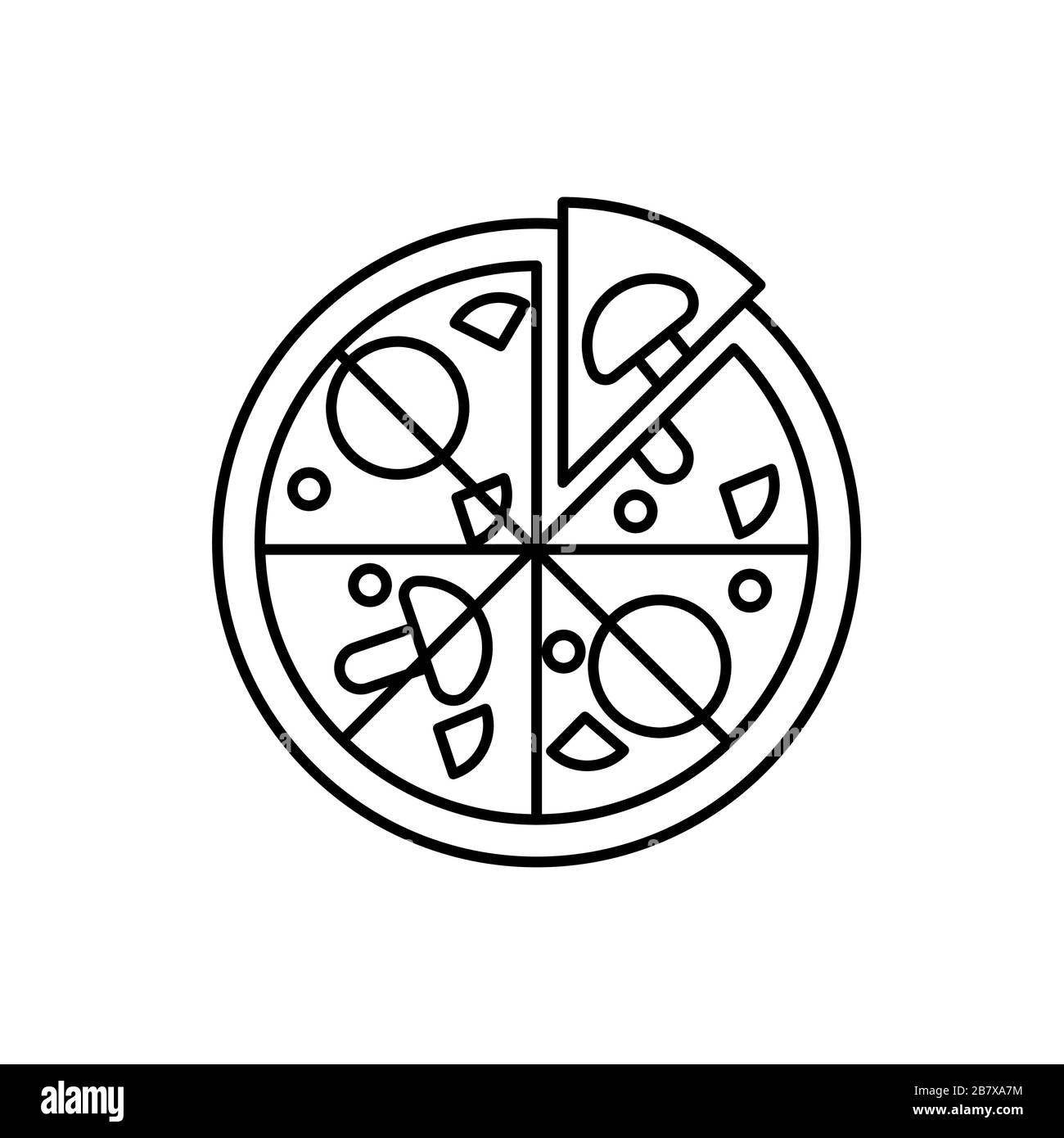 Einfaches Symbol für Pizza mit Umriss. Lebensmittelsymbol. Pizza mit Tomaten, Champignons, Wurst und einer Scheibe getrennt lineares Symbol Stock Vektor