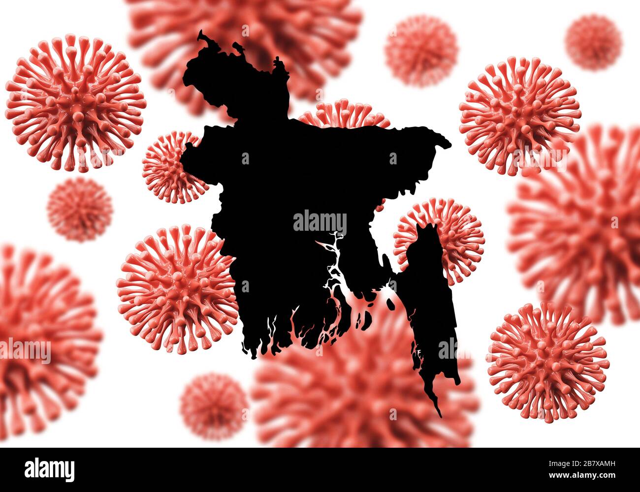 Bangladesch überzeichnet einen wissenschaftlichen Virus-Mikroben-Hintergrund. 3D-Rendering Stockfoto