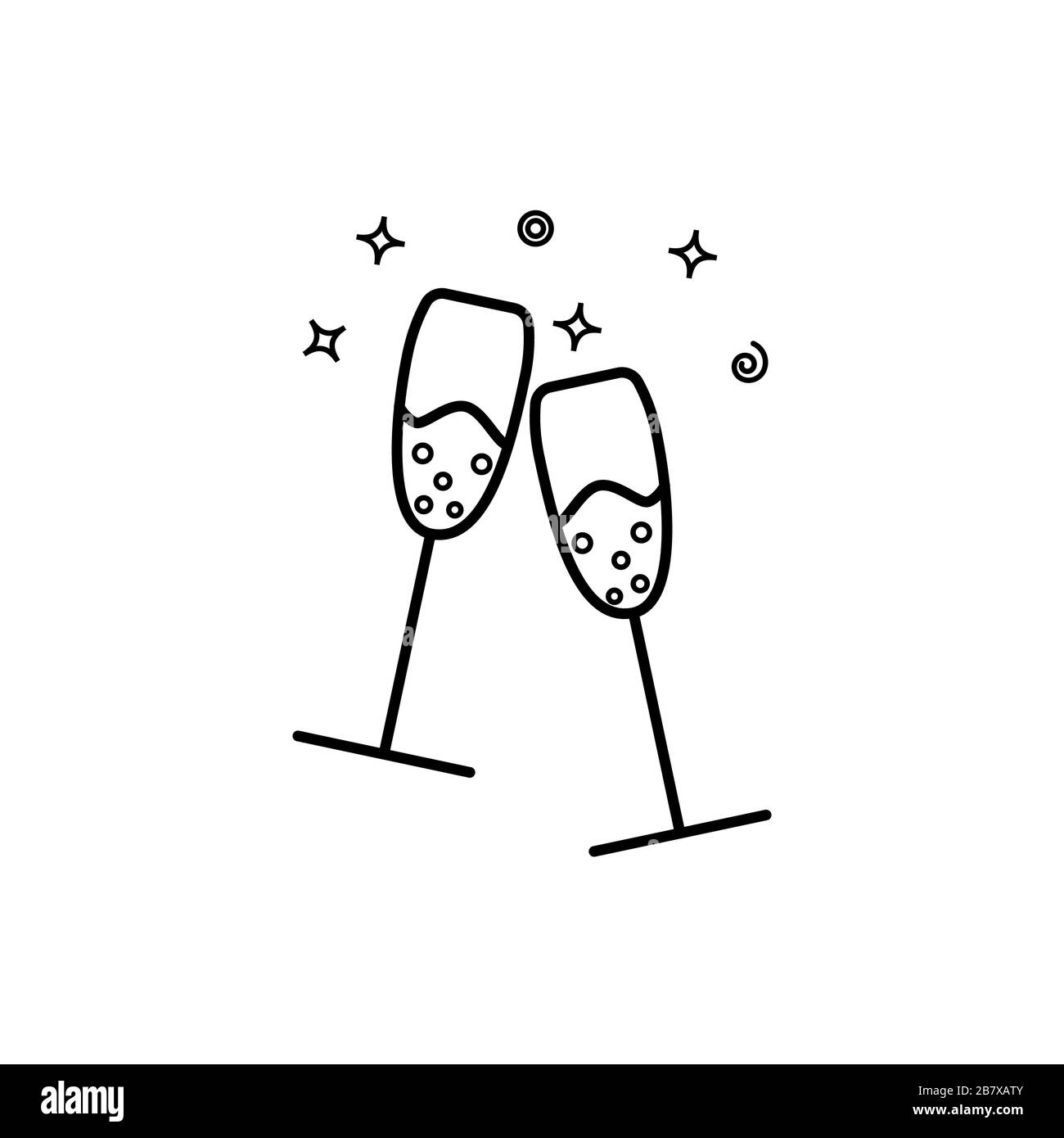 Einfaches Vektorsymbol für die Umrisse von Glas Champagner. Zwei Gläser Champagner klingeln isoliert auf weißem Hintergrund Stock Vektor