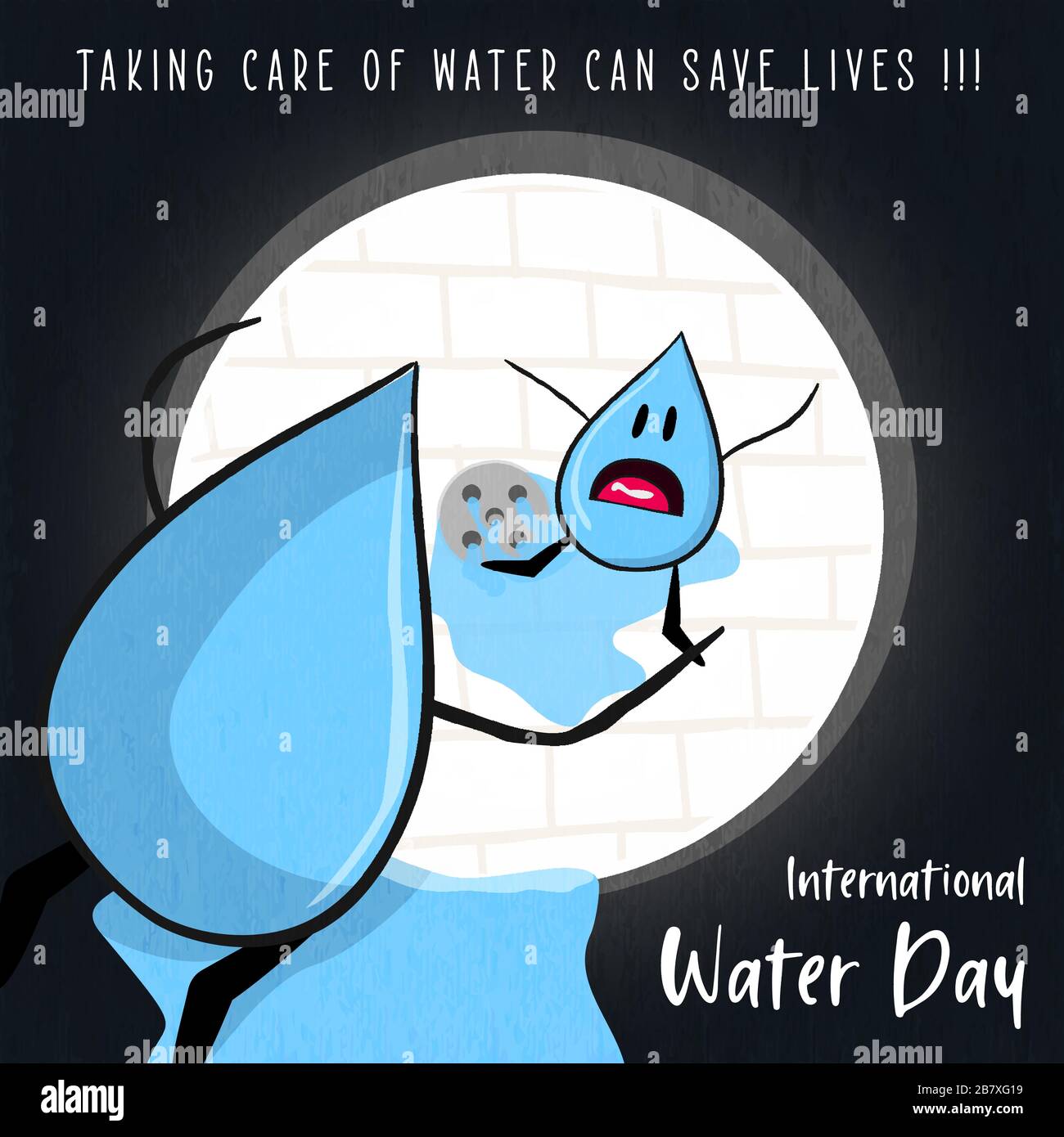 Internationaler Wasser-Tag-Unterricht Illustration von Happy Liquid Drop Charakteren mit Save Life Textzitat für die Natur helfen Weltkampffeignis. Stock Vektor