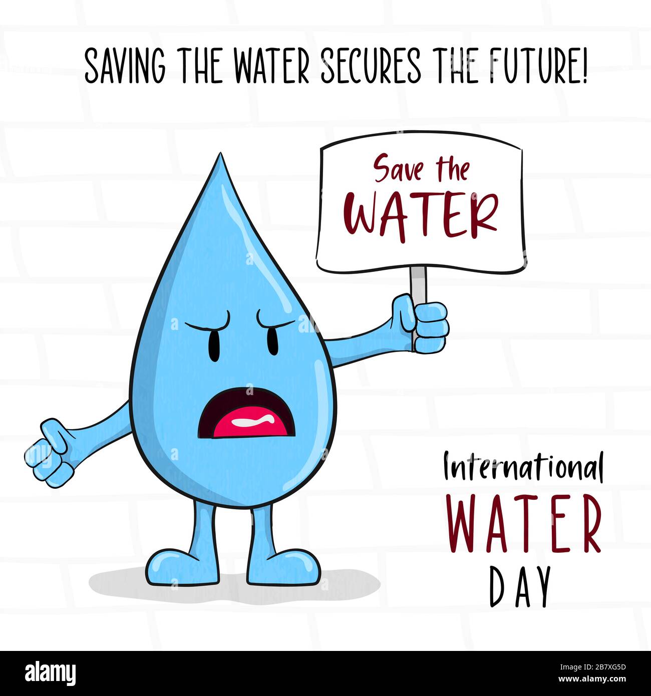 Internationale Wasser-Tag-Grußkarte mit flüssigem Tropfencharakter mit Save the Waters Protestschild. 22. märz Kampagnenveranstaltung Illustration, Umwelt HE Stock Vektor