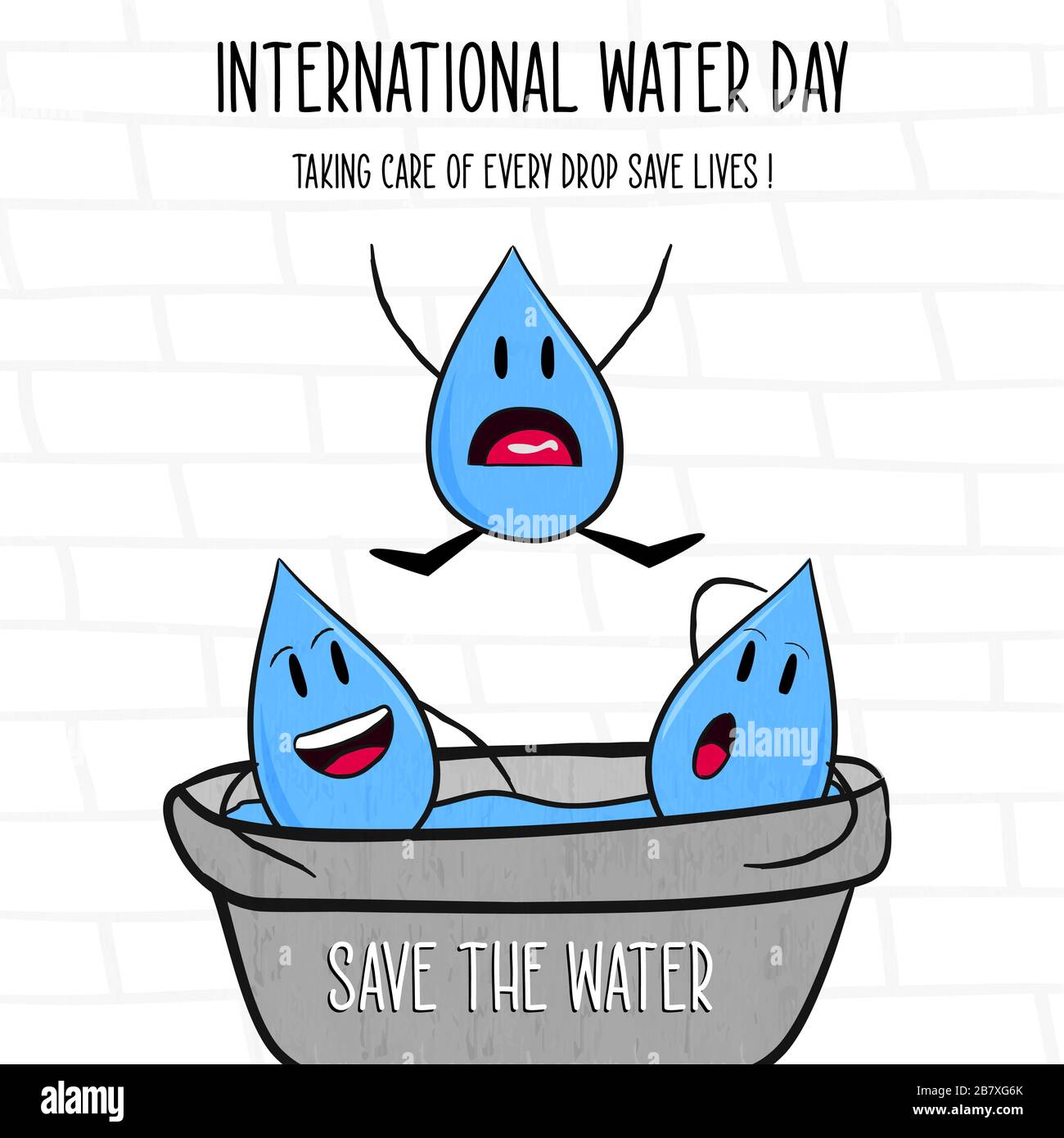 Internationaler Wasser-Tag-Unterricht Illustration von fröhlichen flüssigen Tropfenfiguren mit Save the Waters Textzitat für Naturhilfe Weltkampffeignis. Stock Vektor