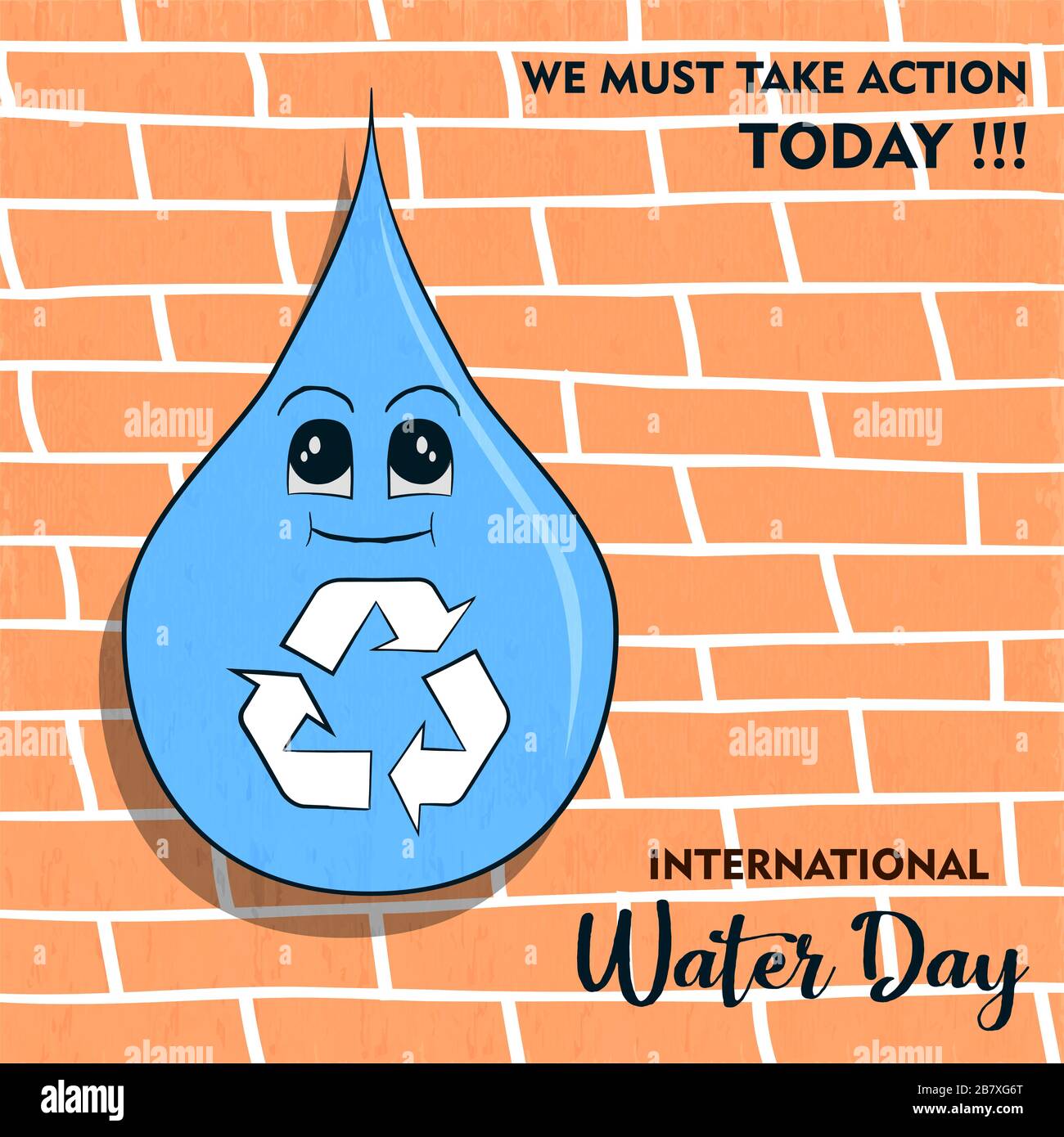 Internationale Grußkarte für den Wassertag mit natürlichem Tropfen und Recycling-Symbol für die Abfallreduzierung. Darstellung der Kampagnenveranstaltung am 22. märz, Stock Vektor
