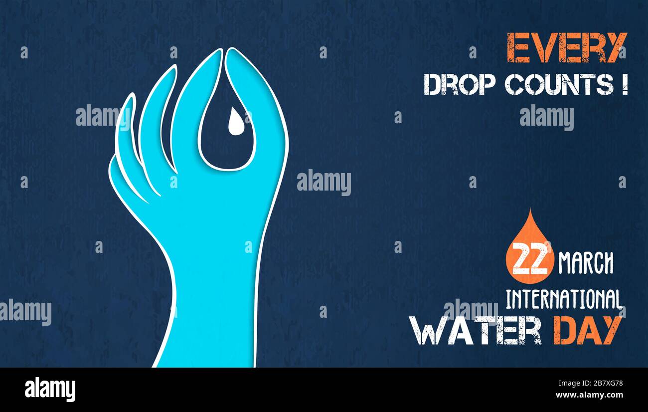 Internationale Grußkarte für den Wassertag der menschlichen Hand mit Flüssigkeitstropfen zur Abfallreduzierung und zur Naturpflege. Kampagnenveranstaltung zum 22. märz, Umgebung Stock Vektor