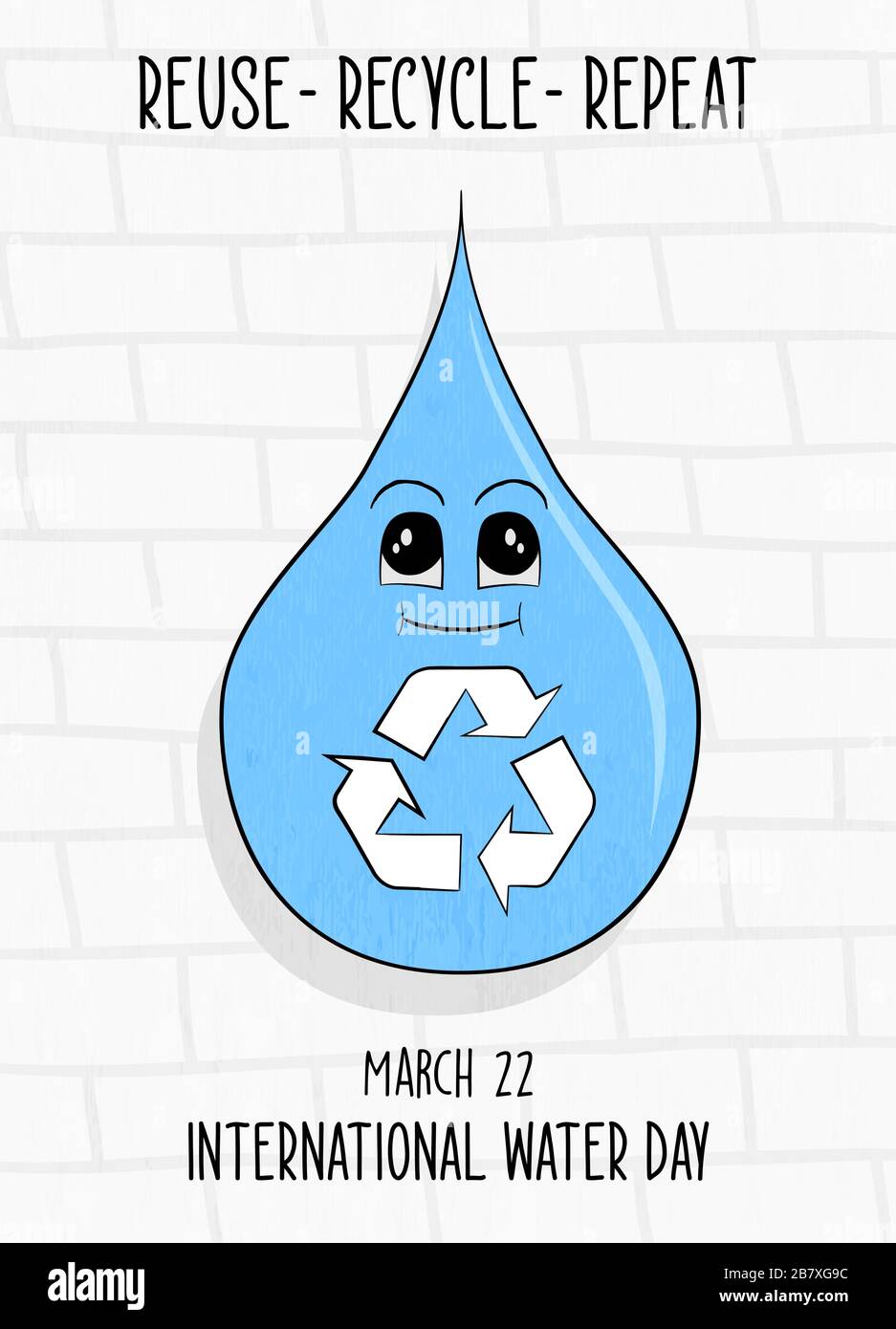 Grußkarte mit Flüssigtropfenzeichen für den internationalen Wassertag mit wiederverwendbaren wiederverwendbaren Textvorschlägen zur Abfallreduzierung. 22. märz Kampagnenveranstaltung illus Stock Vektor