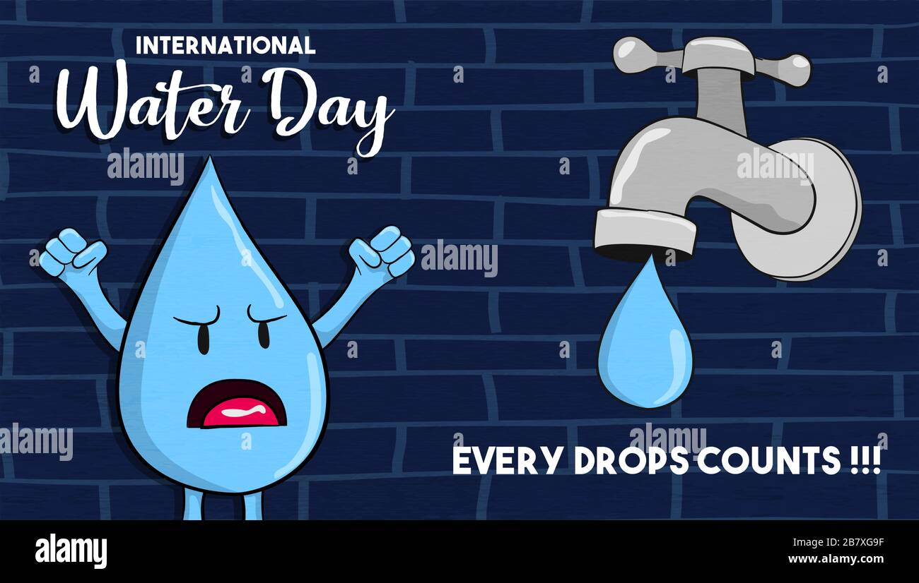 Internationale Wasser-Tag-Grußkarte mit lustigen Wasser-Drop-Charakter für die Reduzierung von Hausmüll und die Naturpflege. 22. märz Kampagnenveranstaltung illustratio Stock Vektor