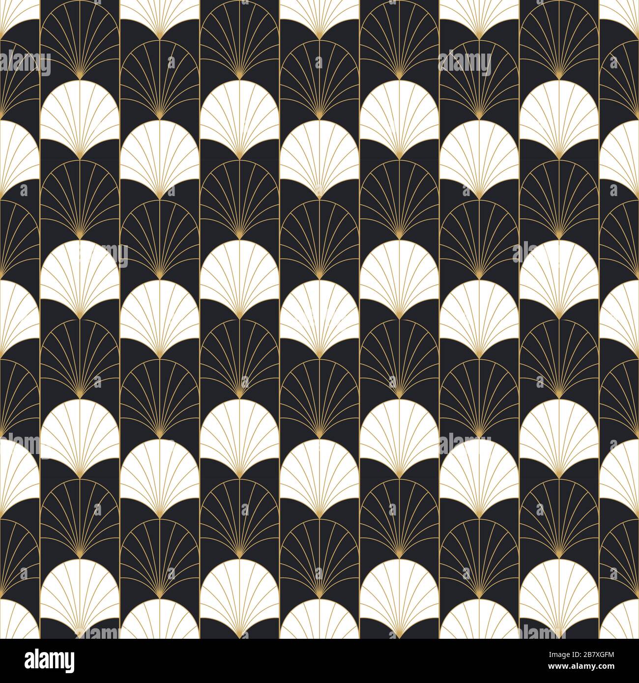 Abstraktes Design im Art-Deco-Stil mit einem nahtlosen Muster mit klassischem Gold- und schwarzem, geometrischem Lüfterdesign. Luxuriöser Retro-Hintergrund für eleganten Textildruck oder Webba Stock Vektor