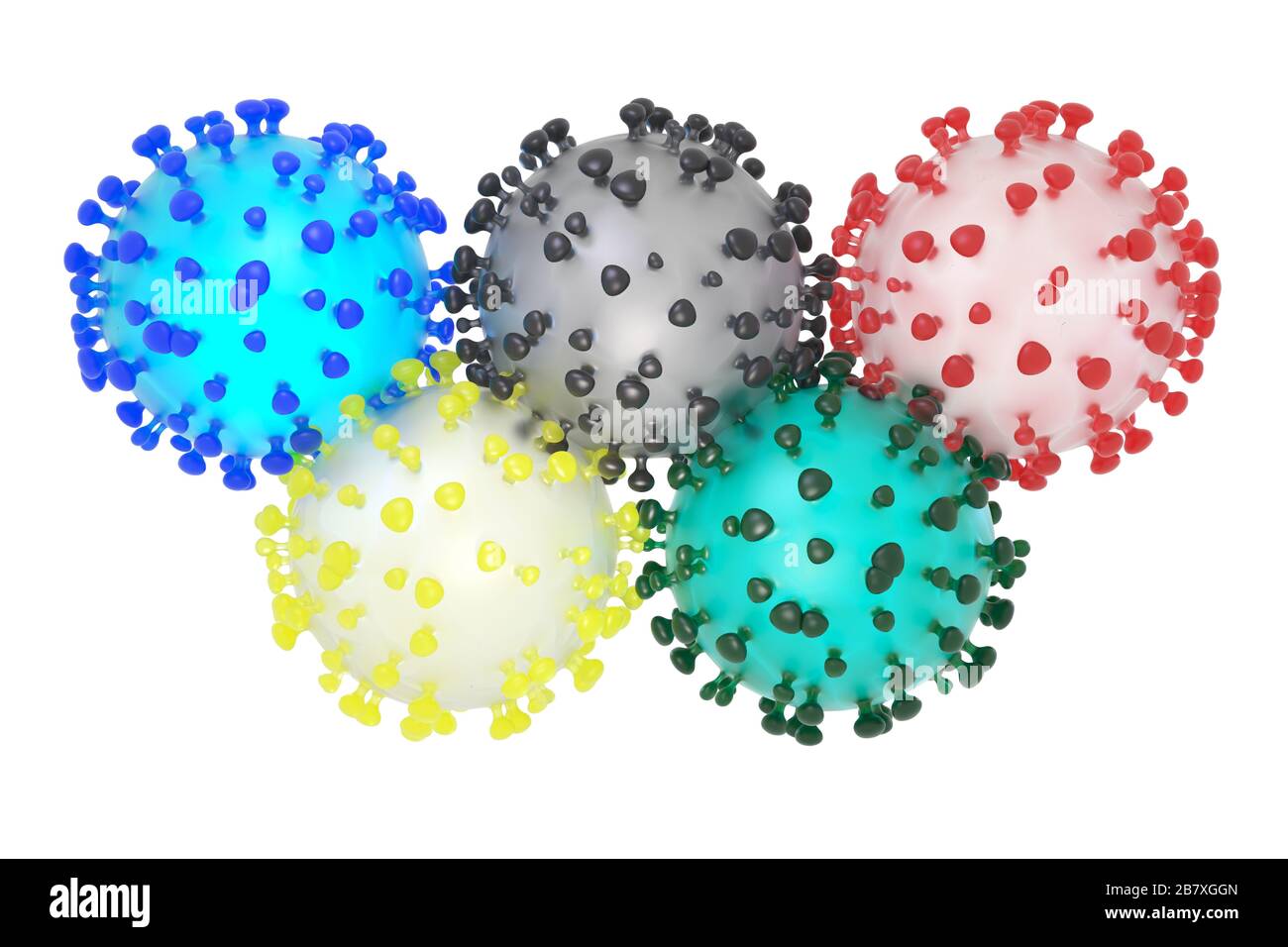 Symbolische 3D-Darstellung des Coronavirus sars-COV-2 und der olympischen Ringe Stockfoto