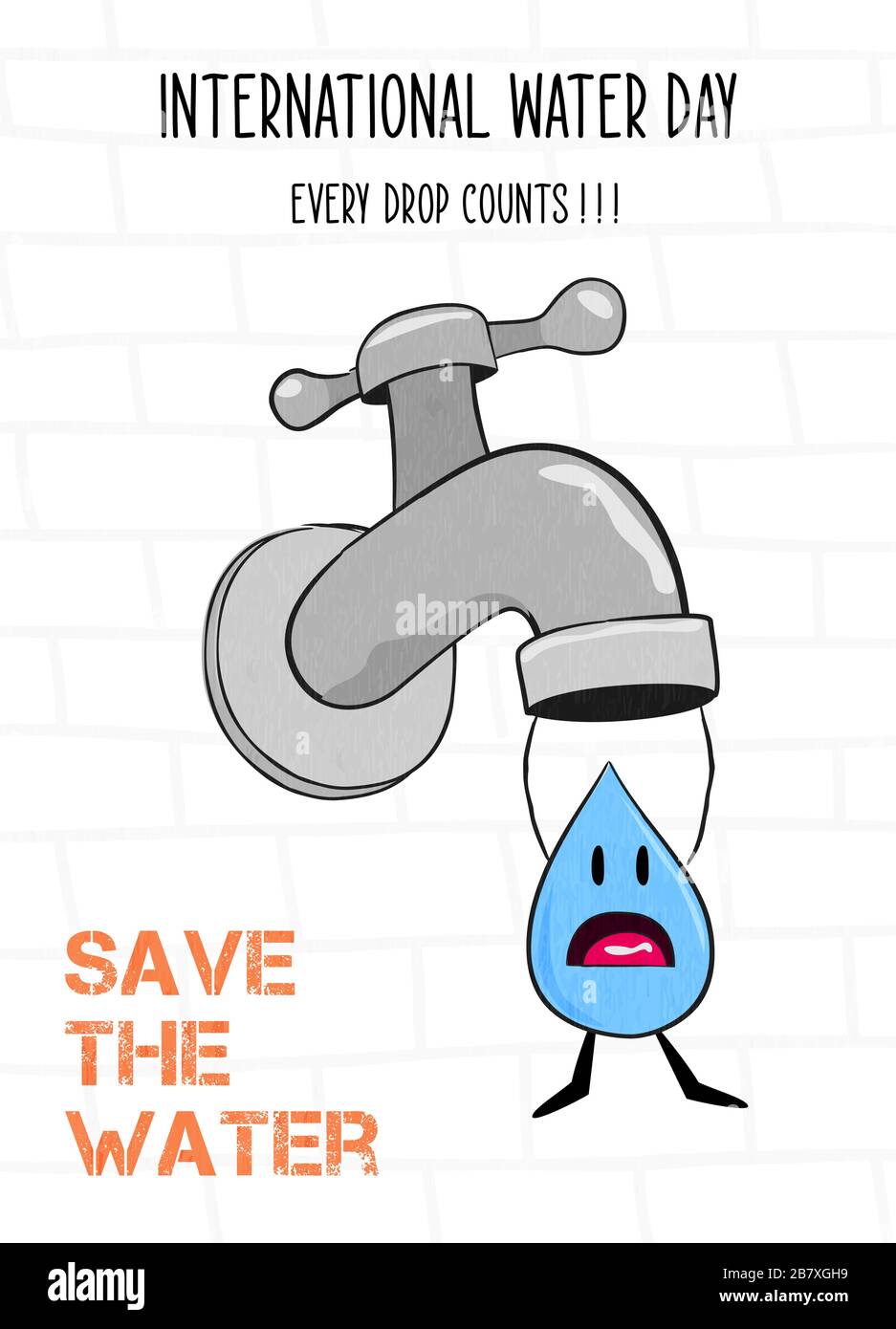 Internationale Grußkarte für den Wassertag mit Flüssigtropfenarakter für die Reduzierung von Hausmüll und die Naturpflege. Kampagnenveranstaltung zum 22. märz, Version Stock Vektor