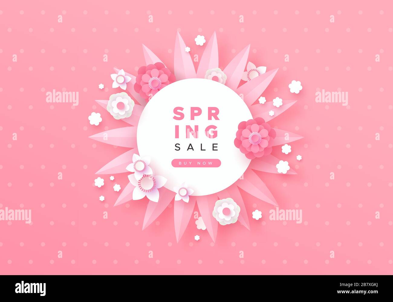 Business Template für den Frühlingsverkauf mit farbenfrohen, papiergeschnittenen Blumen und Blumenschmuck im modernen 3D-Papierstil. Hintergrund für die Rabattaktion mit pinkfarbenem Rabatt Stock Vektor