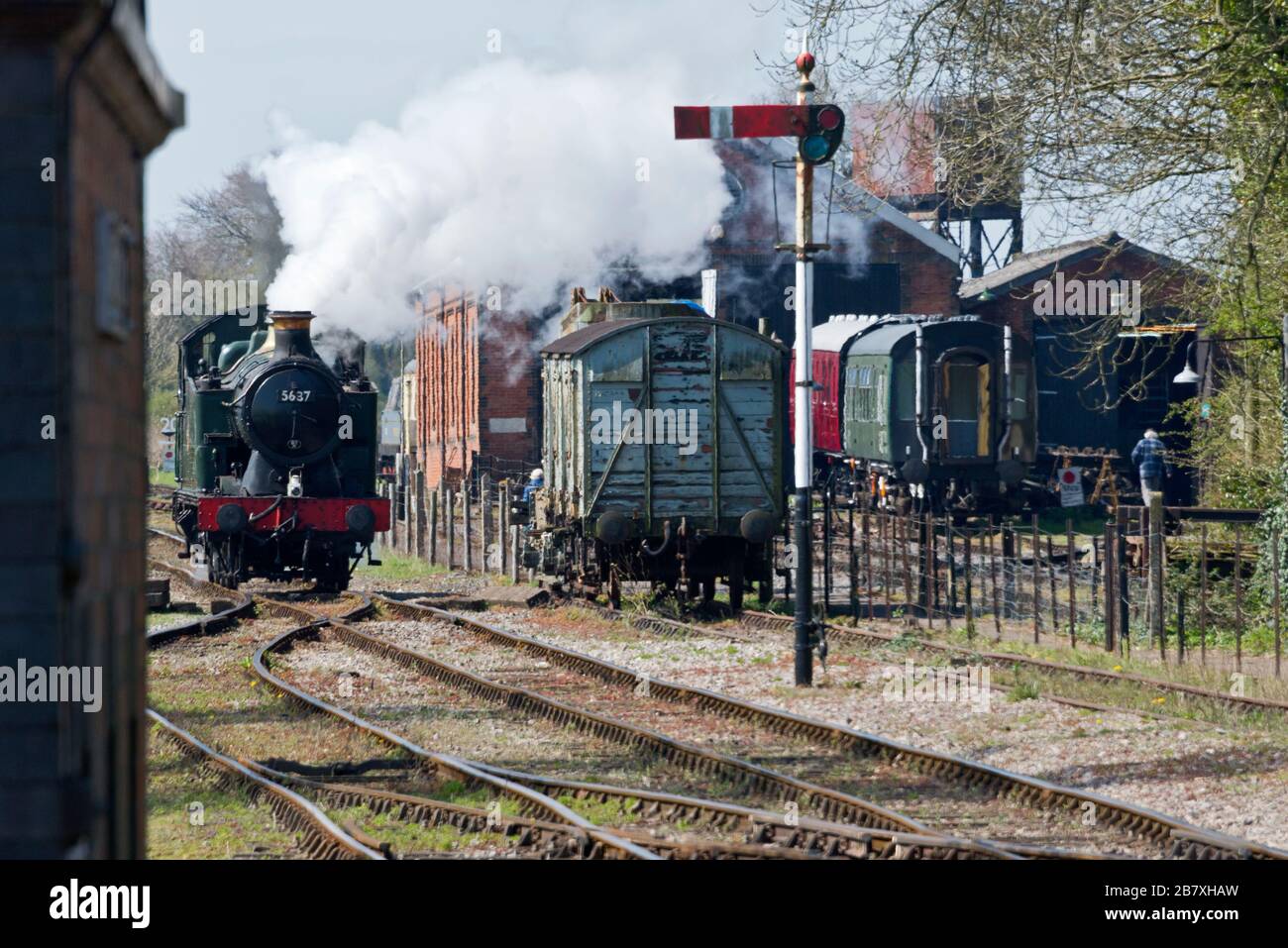 Dampflok der 5600-Klasse 5637 im Volldampf, der sich dem Bahnhof von Cranmore auf der East Somerset Railway nähert Stockfoto