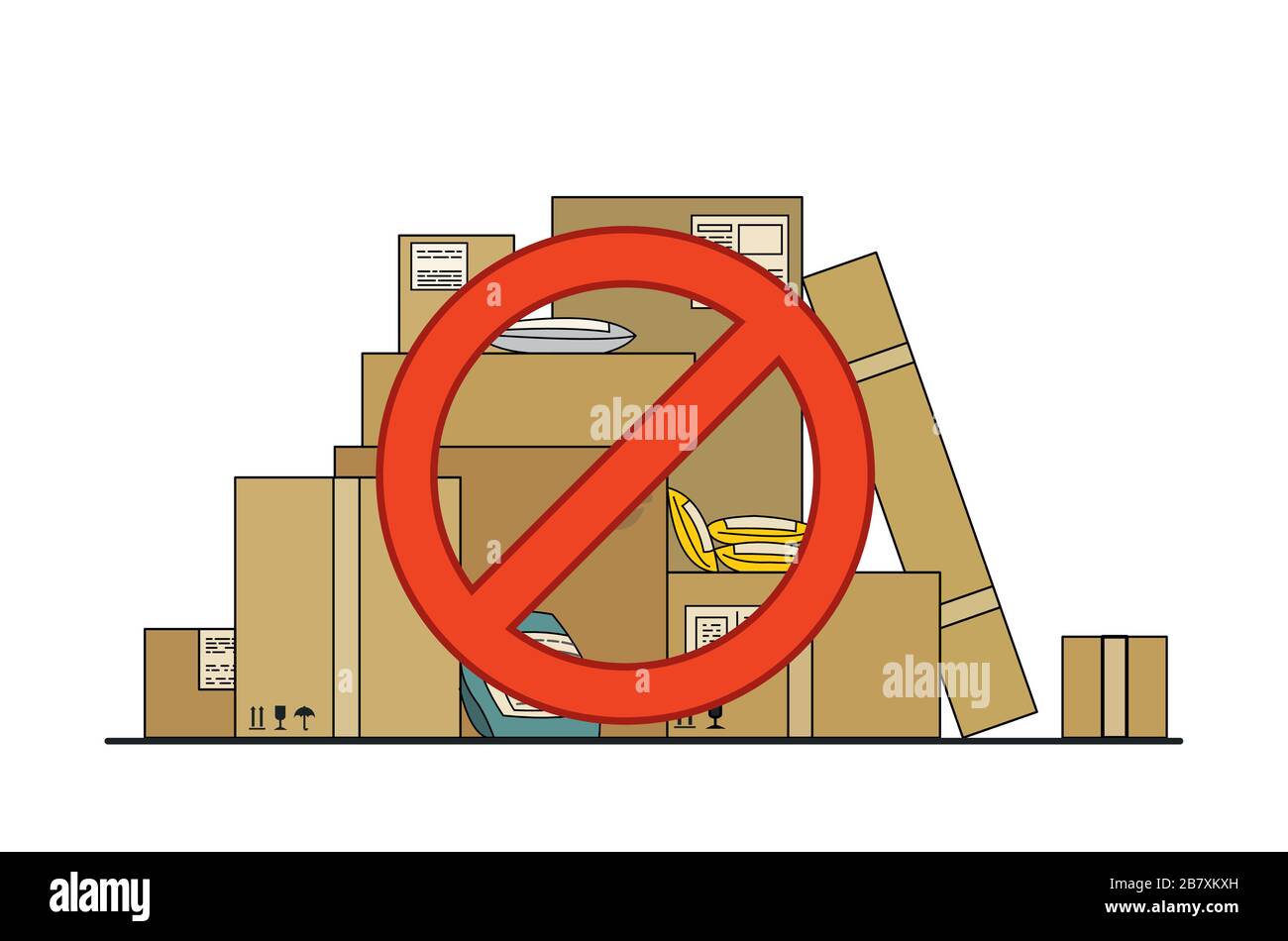 Verzögerung bei der Zustellung von Paketen, Waren, Online-Käufen aus China, Europa aufgrund von Coronavirus, 2019-nCov, Covid-19. Schlechte Post, Lieferunterbrechungen Stock Vektor