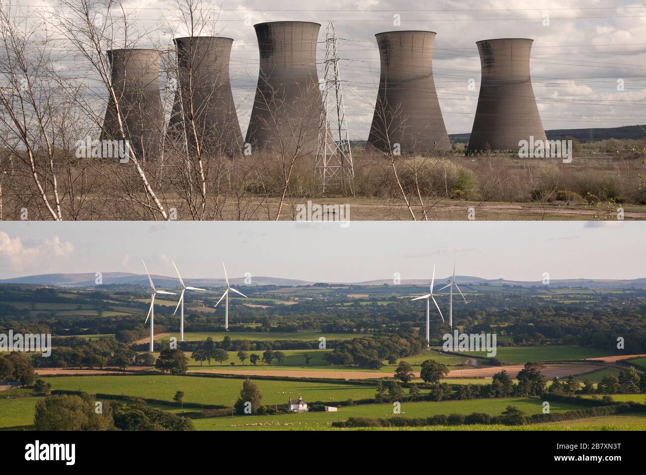 Saubere Energie und umweltschädliche Energieerzeugung. Atomkraftwerke und Elektrizitätspylone im Vergleich zu Windkraftanlagen Stockfoto