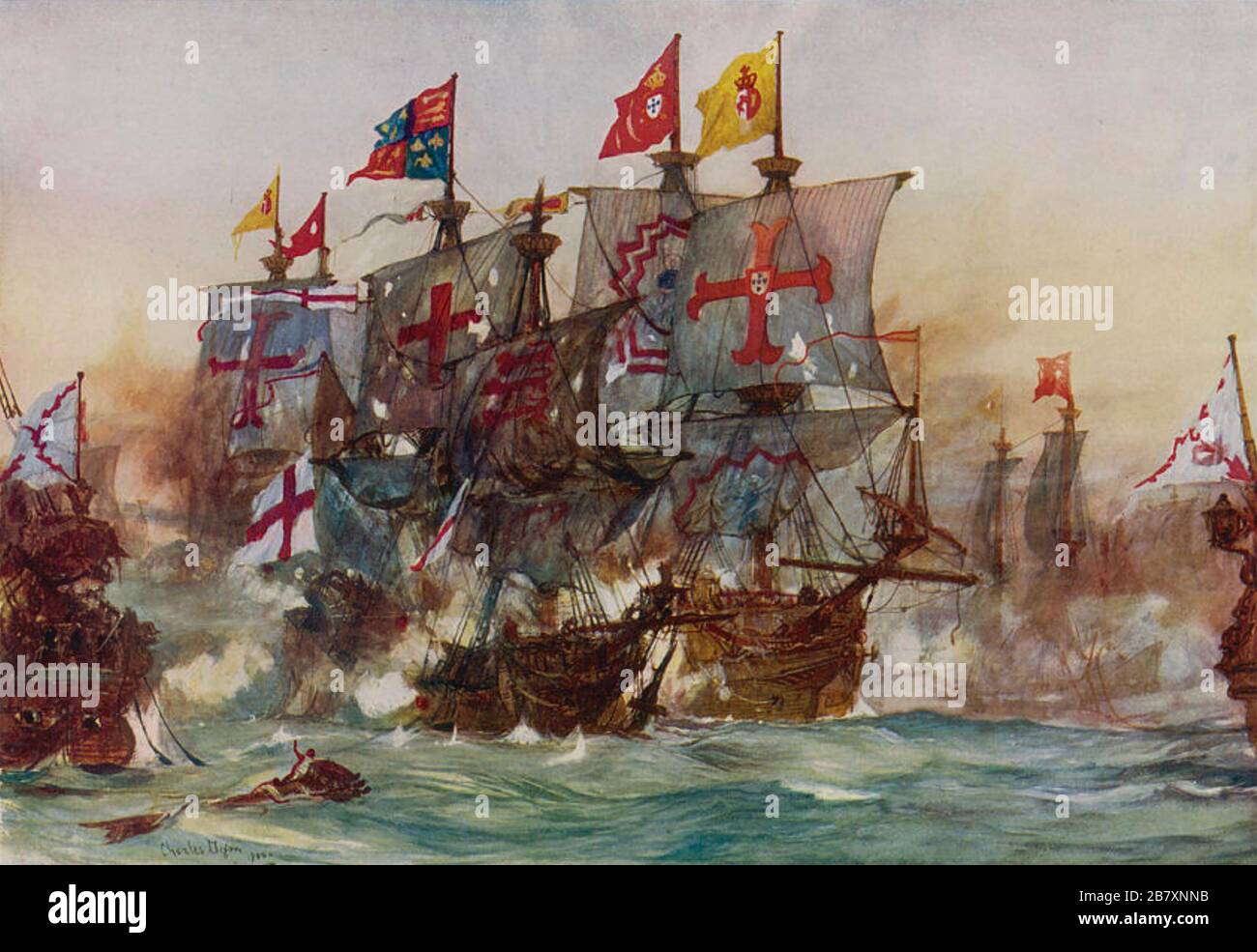 SCHLACHT VON FLORES 1591 Richard Grenvilles Rache wird erschreckt, nachdem er von spanischen Schiffen in einer Illustration von Charles Dixon für The Boys Own Paper überwältigt wurde Stockfoto