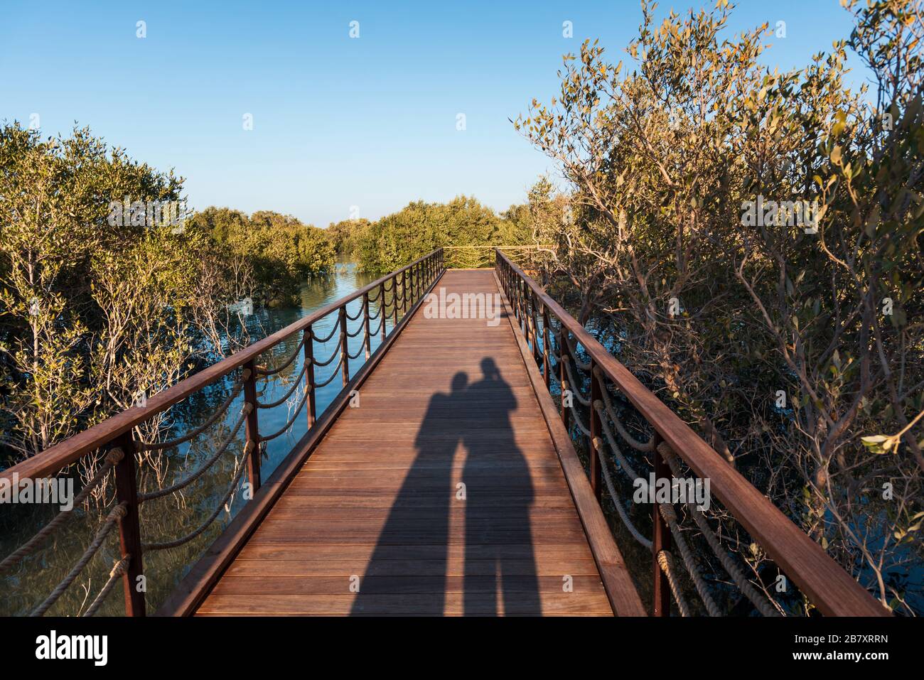 Paar Schatten, während sie den Sonnenuntergang im Mangrove Park in Abu Dhabi, VAE genießen Stockfoto