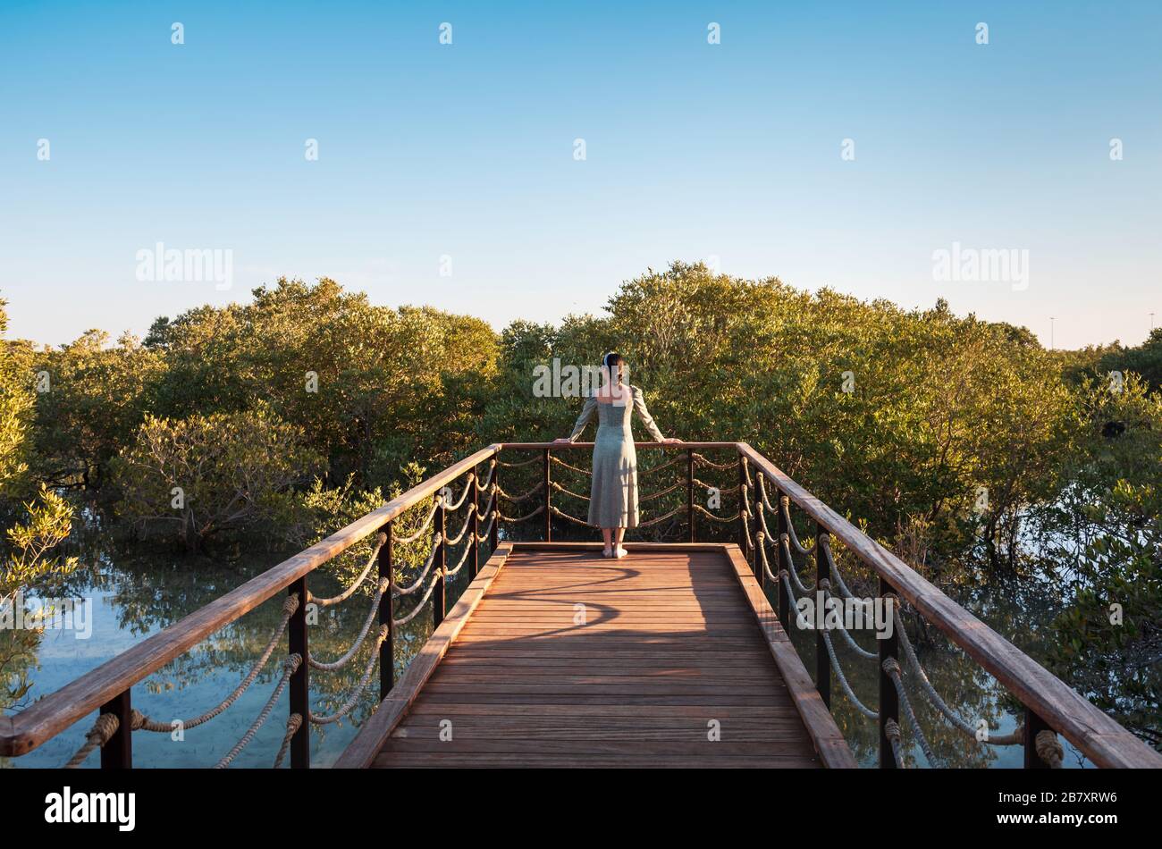 Weiblicher Tourist, der den Mangrove Walk Seaside Park in Abu Dhabi, VAE besucht Stockfoto