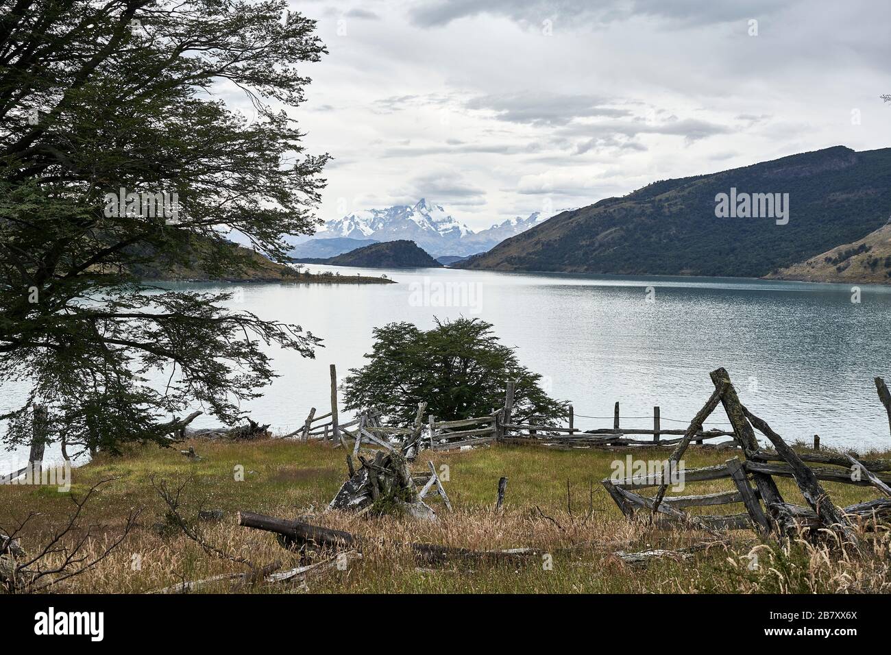 Abgelegene Küstenlinie des Argentino-Sees mit eingelassenen Gehöften Stockfoto