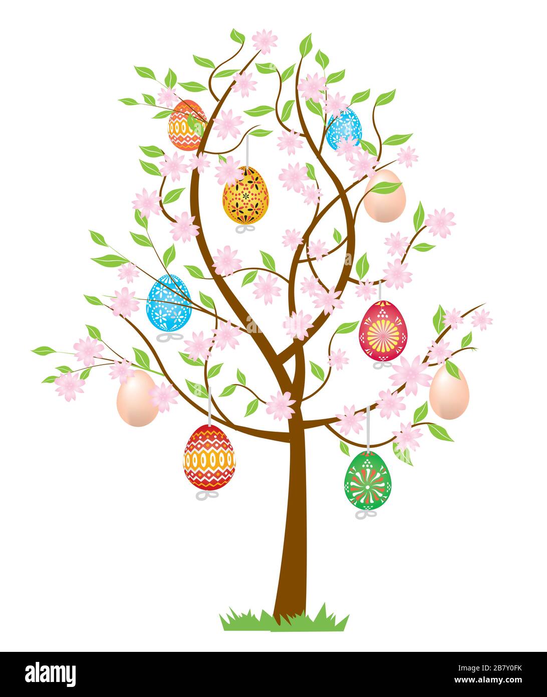 Osterbaum mit Eiern und Blumen. Illustration mit stilisiertem blühenden Baum mit hängenden ostereiern.isoliert auf weißem Hintergrund. Vektor verfügbar. Stock Vektor
