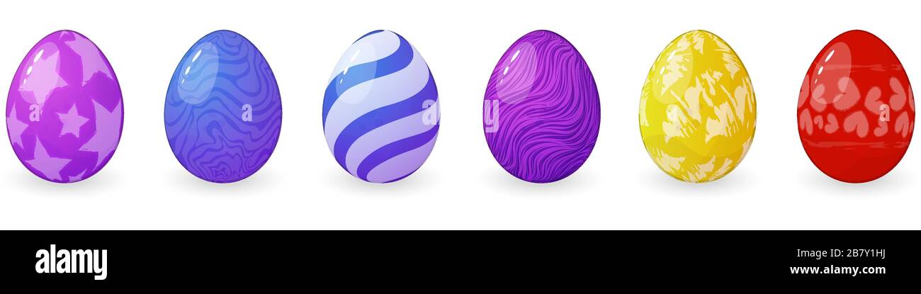 Set aus vektorfarbenen Ostereiern mit verschiedenen Texturen isoliert auf weißem Hintergrund für die Dekoration von Osterkarten und Grußkarten. Sammlung von Stock Vektor