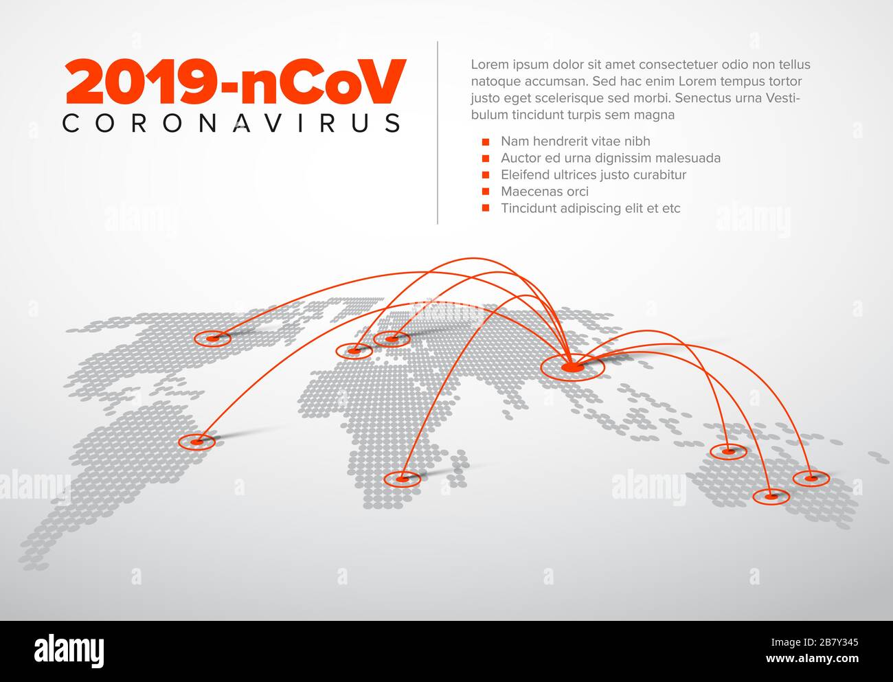 Infografievorlage für Vektor-Flyer mit Coronavirus Spread Map Abbildung und Ort für Ihre Informationen - rote Version Stock Vektor