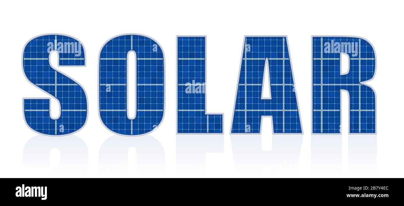 Solarzellenbuchstaben - Wort für Fotovoltaikanlagen - Abbildung auf weißem Hintergrund. Stockfoto