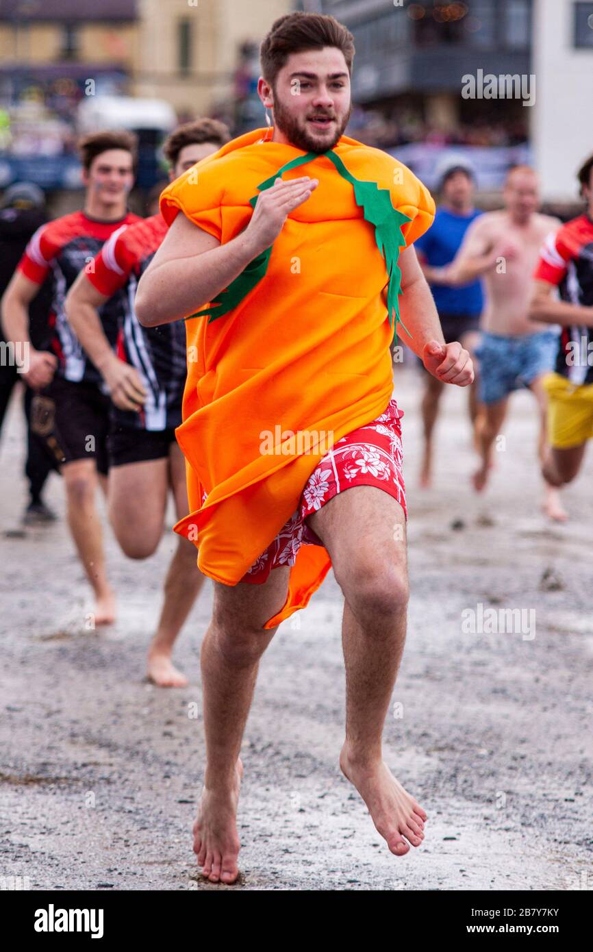 Saundersfoot Neujahrsschwimmen 2017. Stockfoto