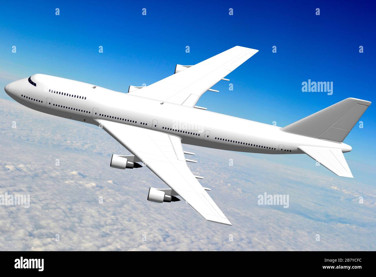 3D-Passagierflugzeug in der Luft, Wolken im Hintergrund. Stockfoto