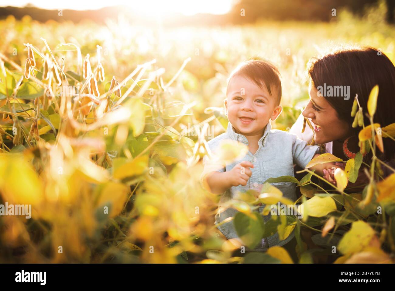 Mutter schaut auf lächelnden kleinen Jungen im Wisconsin Farm Field Stockfoto