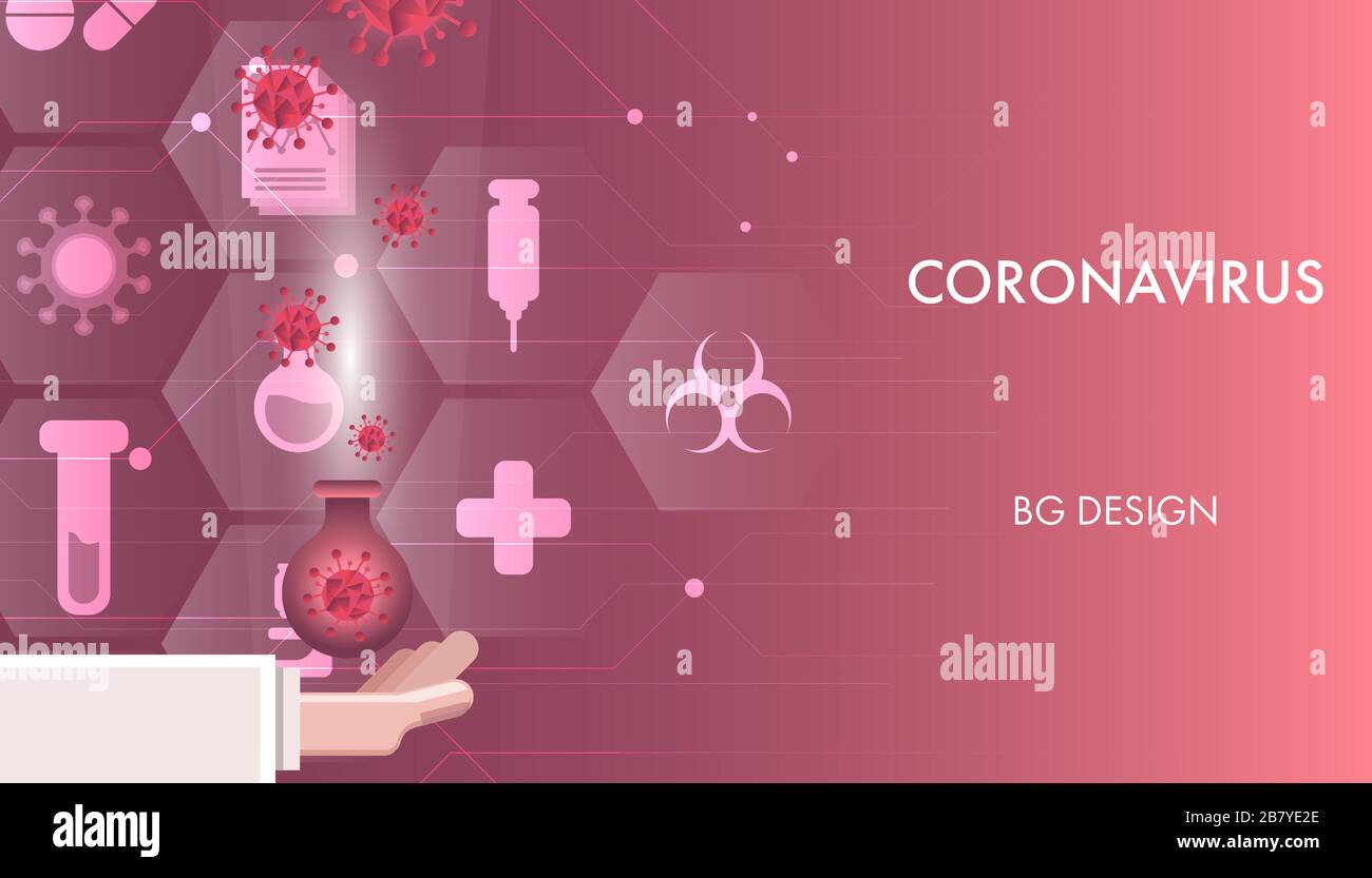 Abstraktes rotes Coronavirus mit der Hand des Wissenschaftlers und glühendem medizinischen Ikonenhintergrund. Vorlage für Präsentation, Banner oder Hintergrund. Stock Vektor
