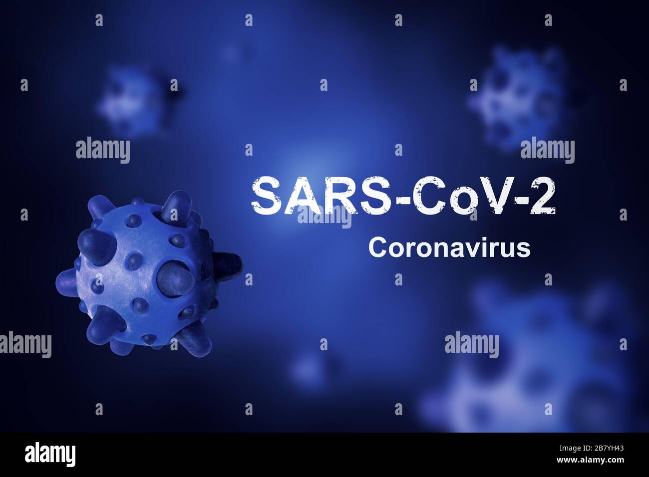 COVID-19-Coronavirus-Banner, 3D-Abbildung. Thema der COVID-Krankheit auf blauem Hintergrund. Tödlicher globaler Ausbruch des SARS-COV-2-Corona-Virus. Poster mit COVI Stockfoto