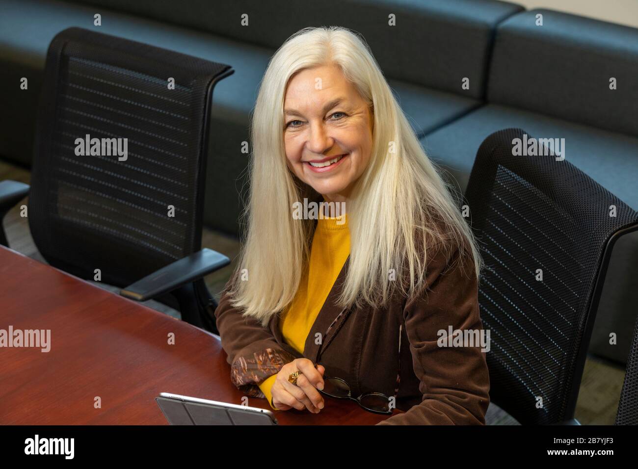 Lächelnde Geschäftsfrau, die im Konferenzraum sitzt Stockfoto
